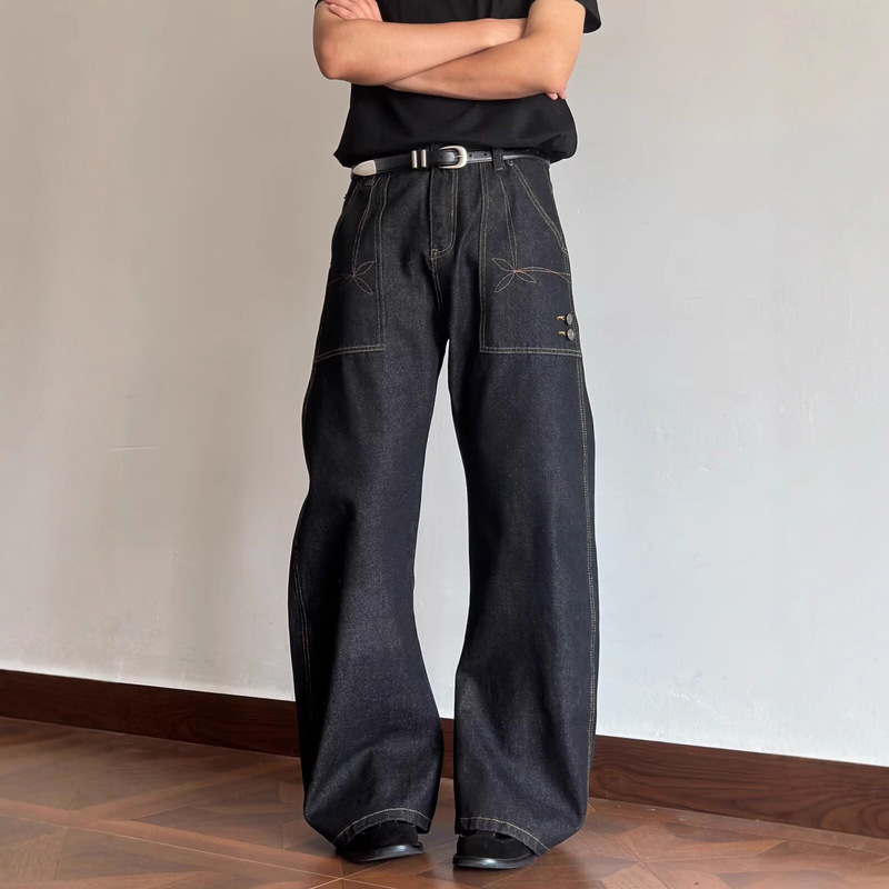 Spring and Autumn Versatile American High Street Unisex Original Denim Color Deconstructed Design Men's Loose Scimitar Jeans