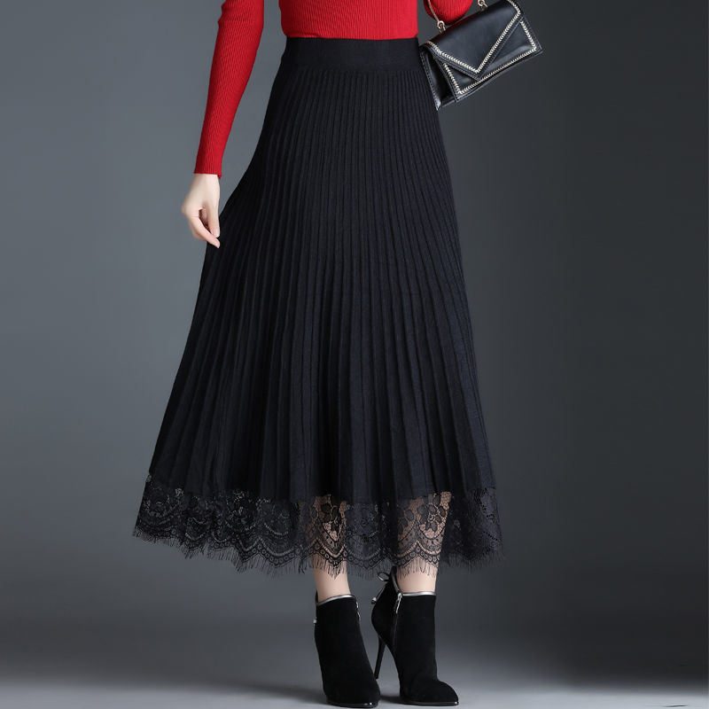 Knitted wool skirt for women 2025 autumn and winter new high-waist pleated skirt mid-length font skirt lace big hem skirt