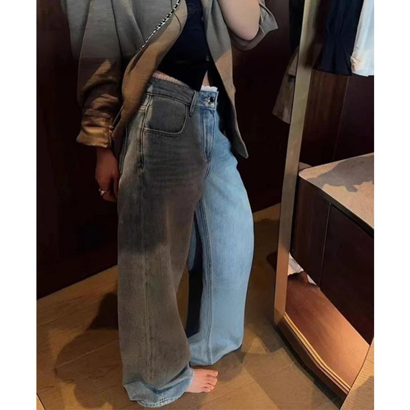 Korean 2025 Spring New Lace High Waist Fashion Blue Straight Leg Wide Leg Pants Lazy Elegant Jeans