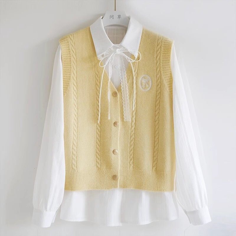 College-style bow-tie set, lace shirt, new women's two-piece outfit, spring and autumn knitted vest, fresh and sweet style with ties