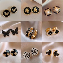 黑色珐琅滴油蝴蝶耳环复古百搭高级感耳钉ins小众时尚耳饰批发女