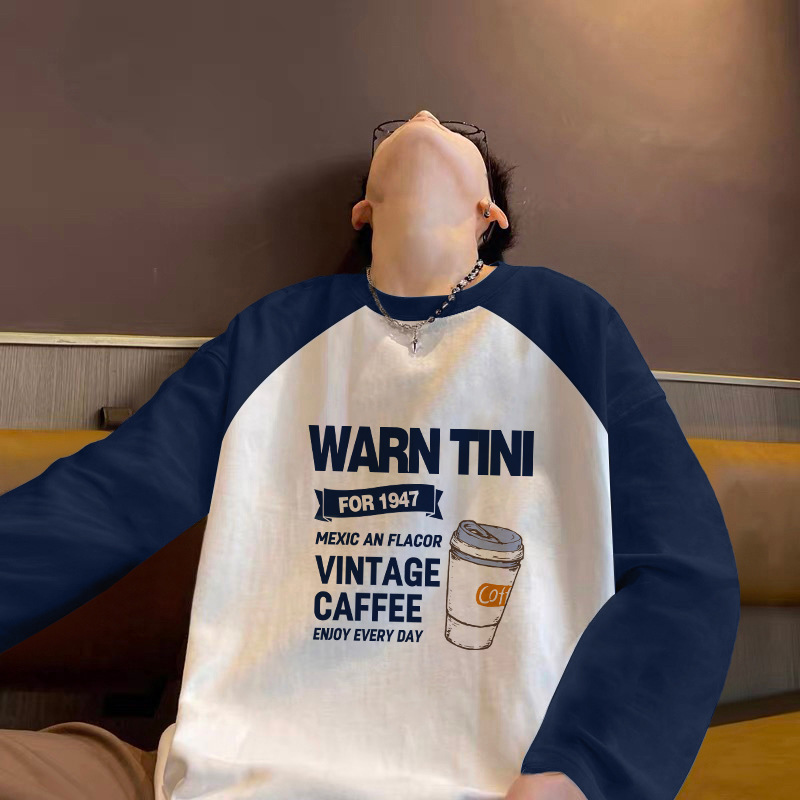 Hong Kong style new contrast color cotton 220g jacket autumn and winter leisure Joker youth bottoming shoulder T-shirt long sleeve men