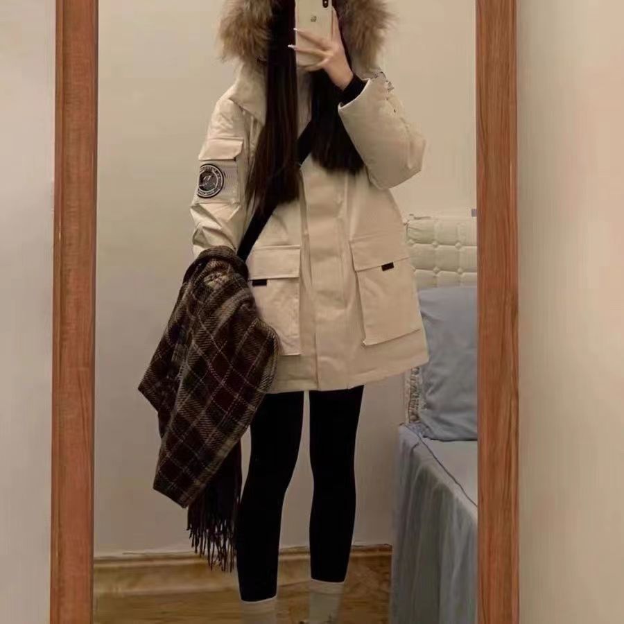 Negro encapuchado cuello de lana ropa de algodón chaqueta de invierno para mujeres 2024 nuevo estilo americano vintage suelto ropa de algodón gruesa moda