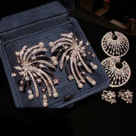 高定珠宝璀璨烟花蕾丝炸珠宝石耳环金弦线车花满天星花环锆石耳坠