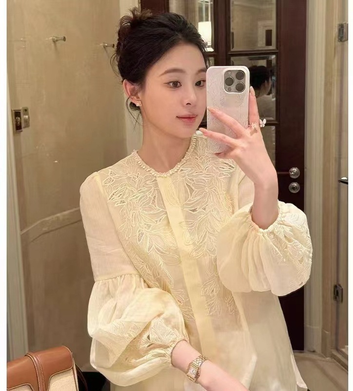 2025新款南油高品质女装 长袖蕾丝刺绣衬衫 设计感拼接圆领上衣|undefined