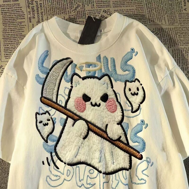 2026 Cotton American Retro Ghost Print Short-Sleeve T-Shirt with Cat Design, Unisex Loose Fit, Summer High Street Fashion Top 2026 Cotton American Retro Ghost Print Short-Sleeve T-Shirt with Cat Design, Unisex Loose Fit, Summer High Street Fashion Top