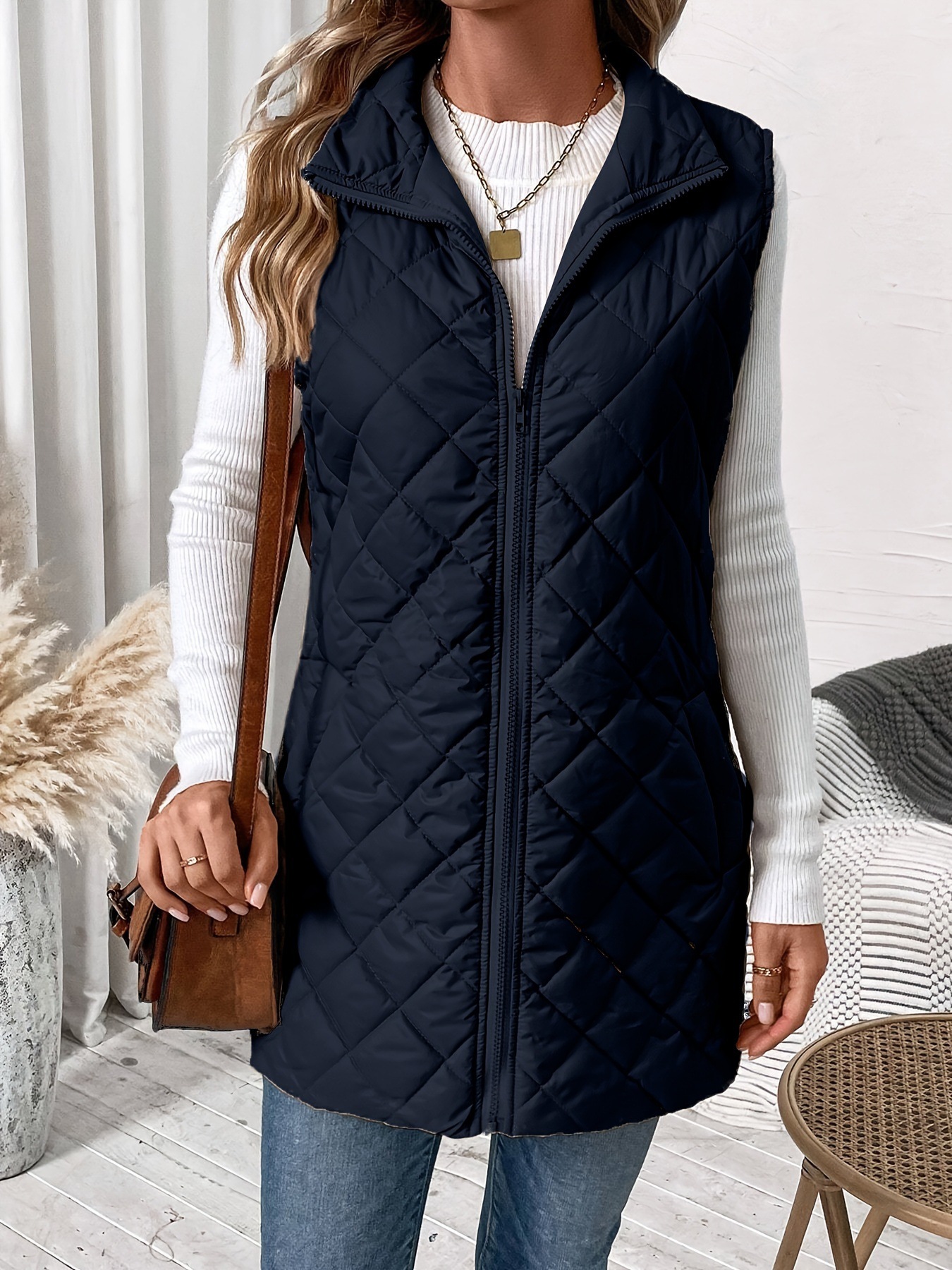 Long Top Length Women's Casual Solid Color Zipper Coat Cotton Clothes Vest