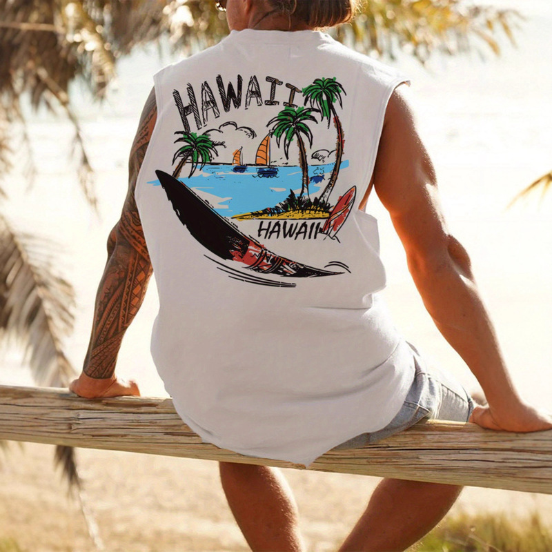 Cross-Border Foreign Trade Summer New Men's Sleeveless Top Vacation Style Letter Pattern Printed Loose Sports Vest