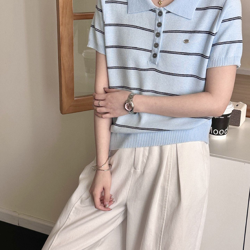 Korean-Style Summer Thin Striped Short-Sleeve 2026 New Polo Collar Skin-Friendly T-Shirt Knit Top for Women Korean-Style Summer Thin Striped Short-Sleeve 2026 New Polo Collar Skin-Friendly T-Shirt Knit Top for Women