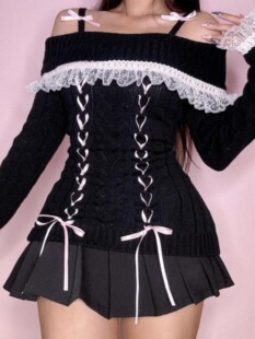 O 4089LLace-tied off-shoulder sweater �ٽz����һ�ּ�ë��