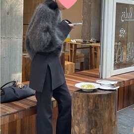 冬天搭配一整套韩系感穿搭套装深灰色毛衣拼接阔腿裤两件套女