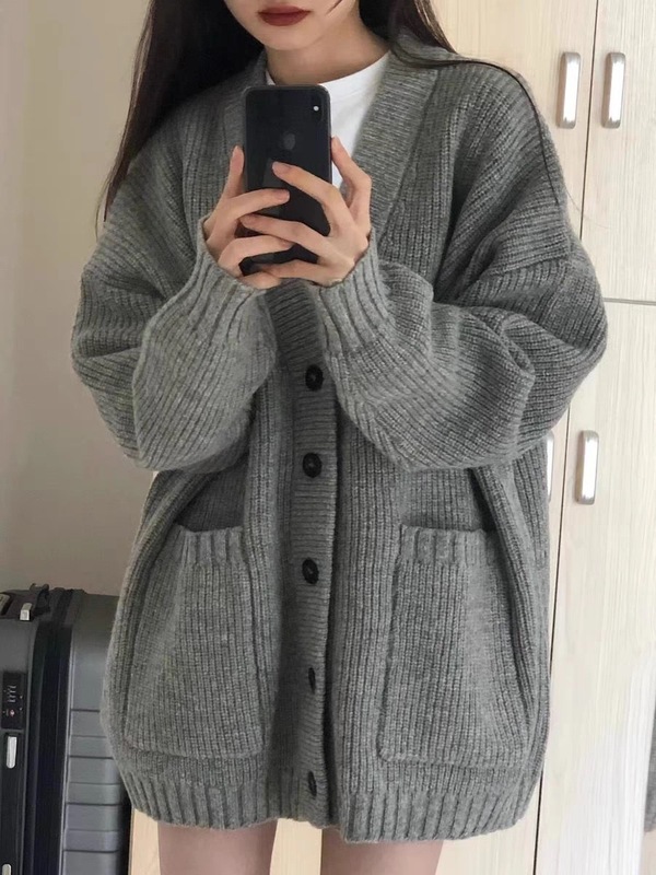 新款秋冬慵懒风V领单排扣羊毛开衫女外套韩版宽松中长款百搭上衣|undefined