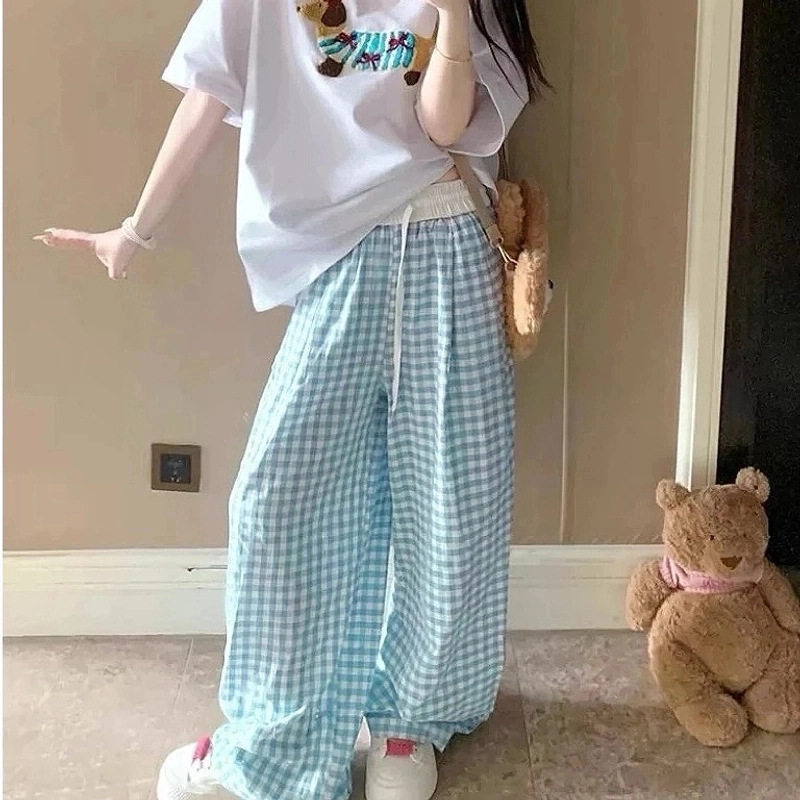 ピンクと白のコントラストチェック柄パンツ女性 2025 スリムルーズ巾着カジュアルハイウエストドレープフロアモップパンツ|undefined