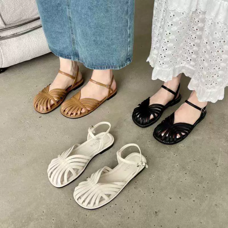 Женские летние босоножки в стиле феи Баотоу Роман 2025, новые, ажурные, плетеные, в ретро-французском стиле, мягкие, плоские.
