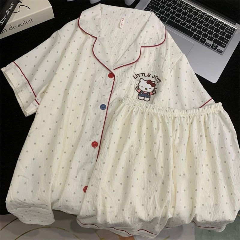 Comercio exterior de Vietnam verano nuevo estilo nube rebeca de algodón solapa dulce pijama de dibujos animados pantalones cortos de manga corta traje de servicio a domicilio para mujer