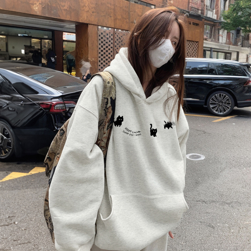 White Gray Cartoon Cat Hooded Sweatshirt for Women 2025 New Autumn and Winter Hoodie Korean Normcore Wear Top Jacket