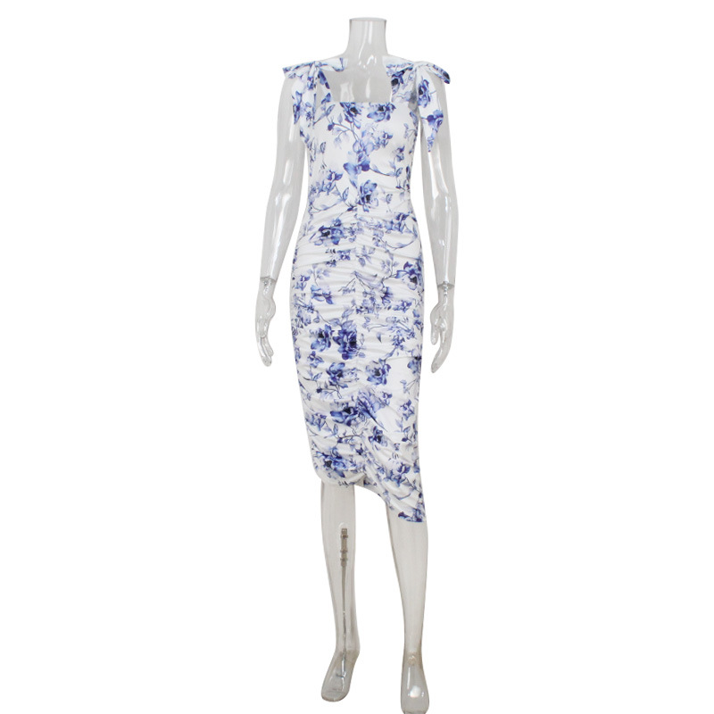 280g Weight Knee-Length Dress Length Type Sleeveless Sleeve Length One-Step Skirt Dresses Type Sleeveless Sleeve Type Spandex, Polyester Fabric Type Mid Waist Waist Line Party, Beach Occasion Sling style, Square Neck Neckline Slim Fit Type Printing Pattern 2025 Spring and Summer Season Women's, Adults Gender Pleated Design Royal Sister Wind Style 2025 New European And American Foreign Trade Amazon Women's Clothing Summer New Fashion Retro Printed Pleated Design Dress 9