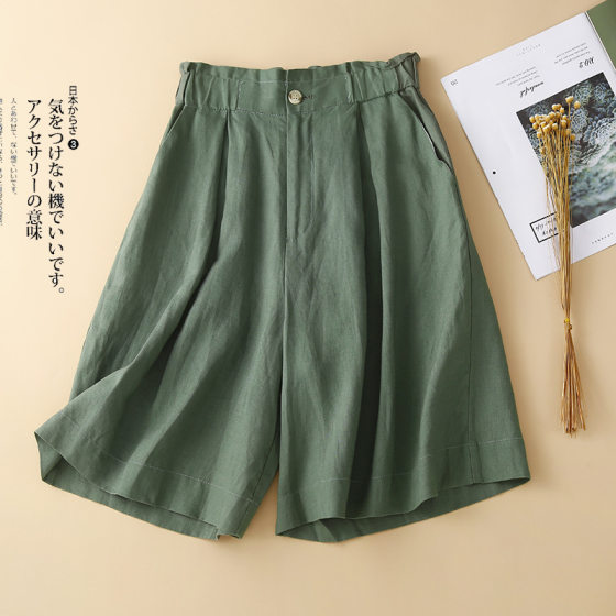 Real Shot 2023 Cotton Linen Summer New Arrival Buckle Waist Wide Leg Pants Loose Fashion Women's Artistic Vintage Cotton Linen Shorts Pants