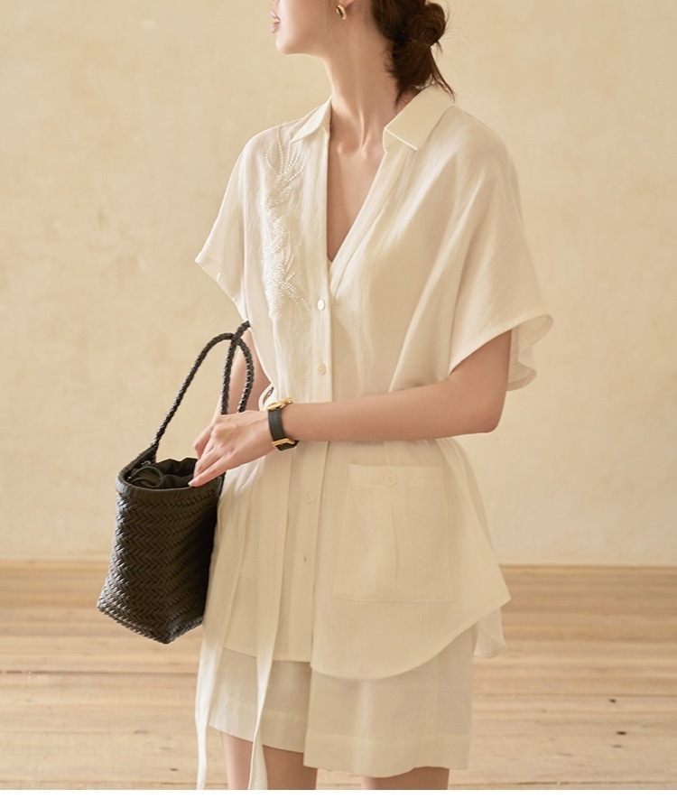 Women's Cotton Linen V-neck Belted Shorts Set Wrinkle Resistant_voghion.com