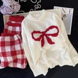 秋冬新款睡衣女红色格子半边绒韩式少女软糯冬季加厚保暖家居服