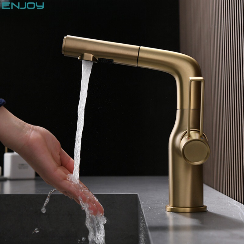 High-End All-Copper Brushed Gold Bathroom Basin Lift Pull-Out Faucet Washbasin Hot and Cold Bathroom Faucet Home