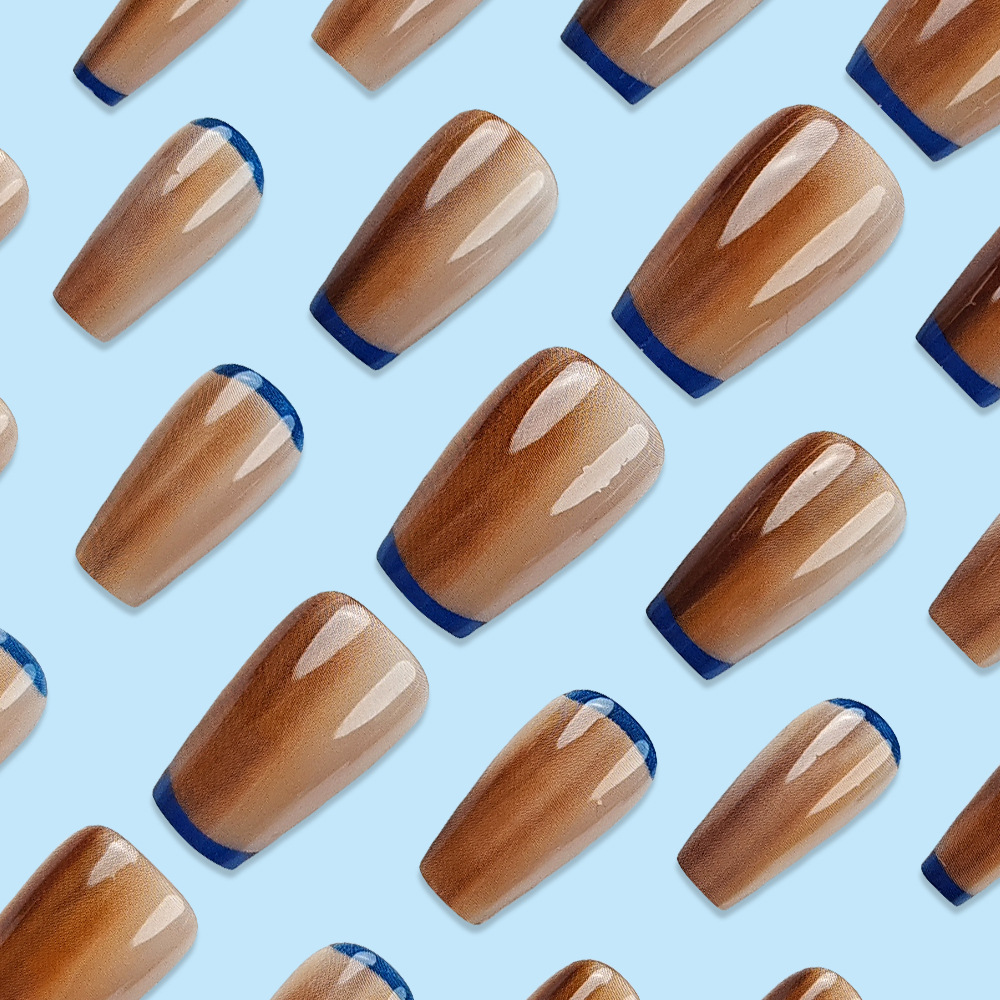 Bronceado gradiente borde azul desgaste de uñas atmosféricas simples fabricantes de uñas al por mayor 24 uñas falsas