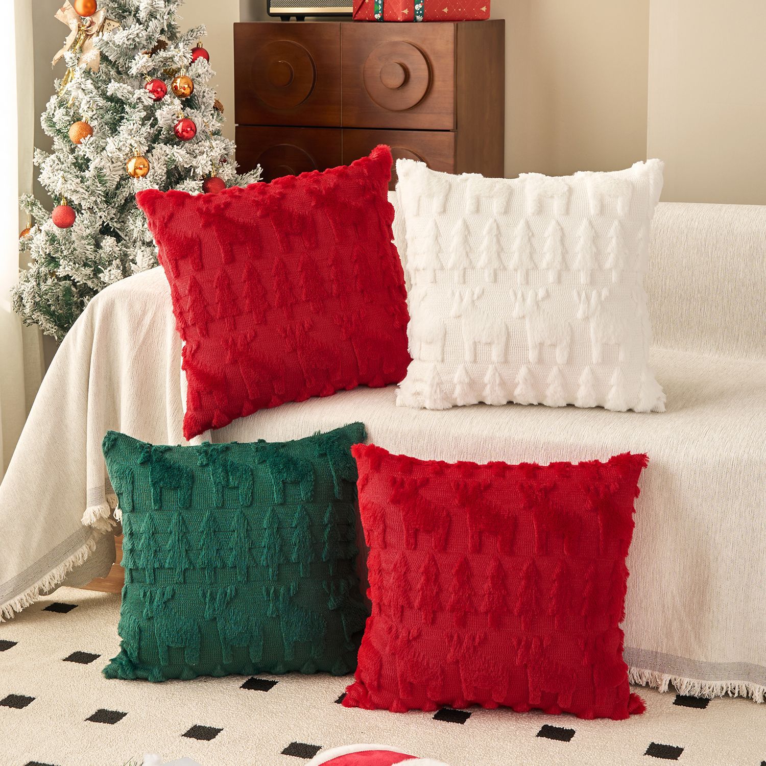 Christmas Pillowcase Plush Snowflake Christmas Tree Embroidered Fur Living Room Sofa Cushion Holiday Party Decoration Pillowcase