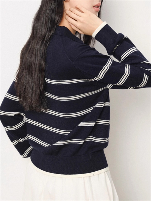 藏青条纹polo领长袖针织开衫女早秋季慵懒高级感宽松软糯翻领上衣|undefined