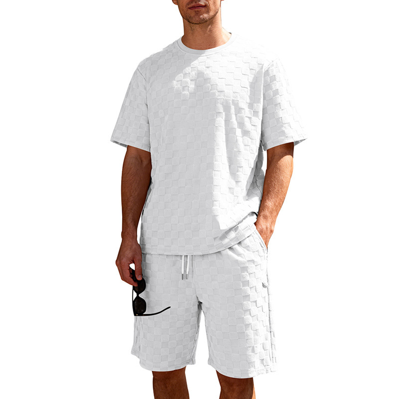 Muscle Doctor Men's Summer Jacquard Checkered Short Sleeve T-Shirt & Shorts Set, Loose Fit High Street Casual Outfit_viptrois.com