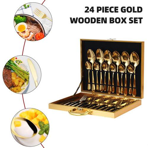24-piece set of stainless steel cutlery, forks and spoons in wooden box 1010, Western tableware as a gift, golden gift box set