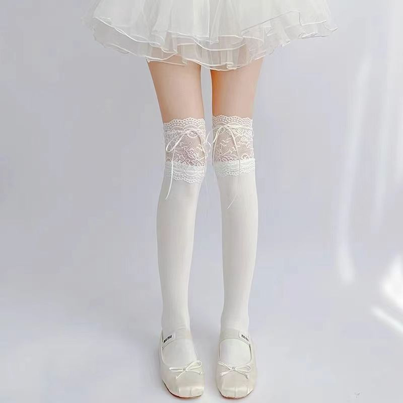 バレエ風少女春夏リボン蝶結び中筒靴下レースミルク白甜妹スタッキングソックス|undefined