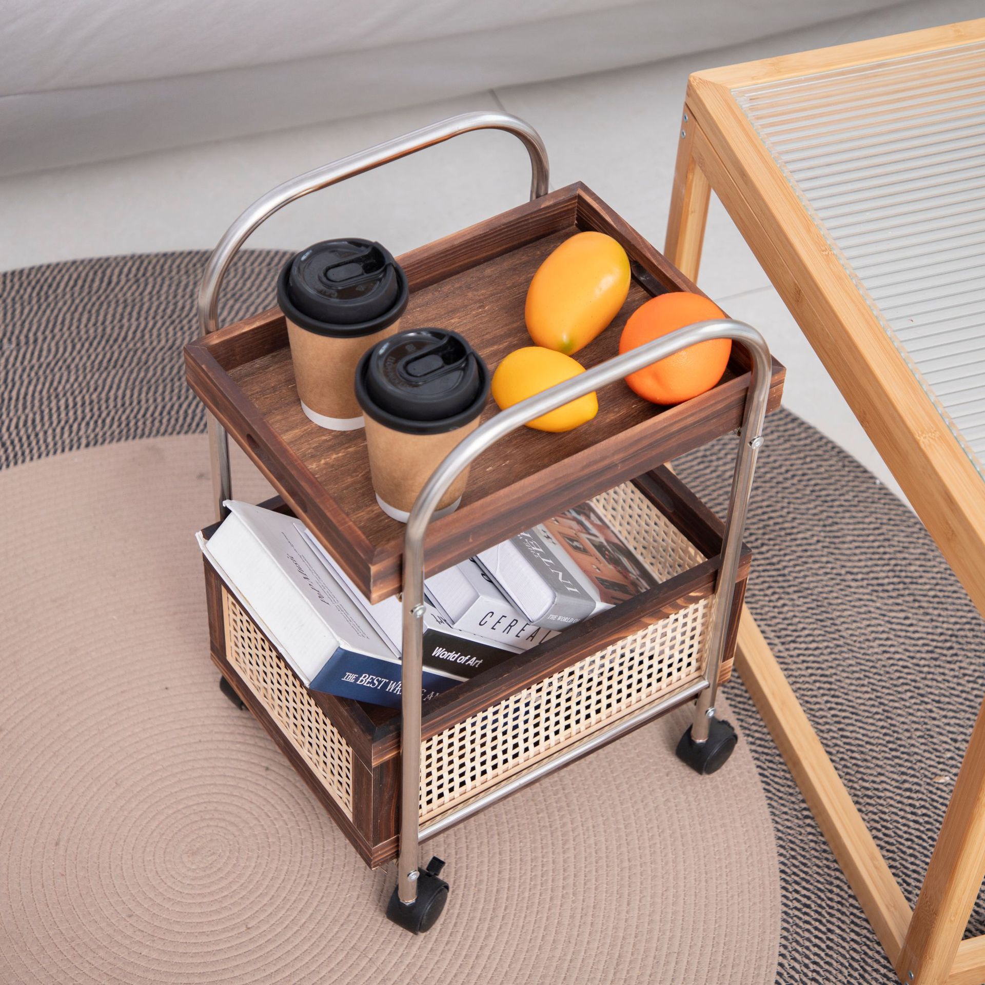 Carro con ruedas de acero inoxidable de estilo antiguo, estante extraíble, sala de estar, baño, sofá, mesa de centro, canasta de almacenamiento