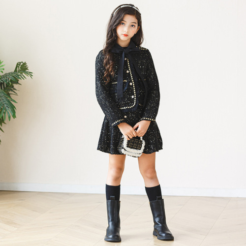 Children's and girls' new autumn and winter 2024 fashionable Korean princess skirt black small fragrant style jacket half skirt two-piece set