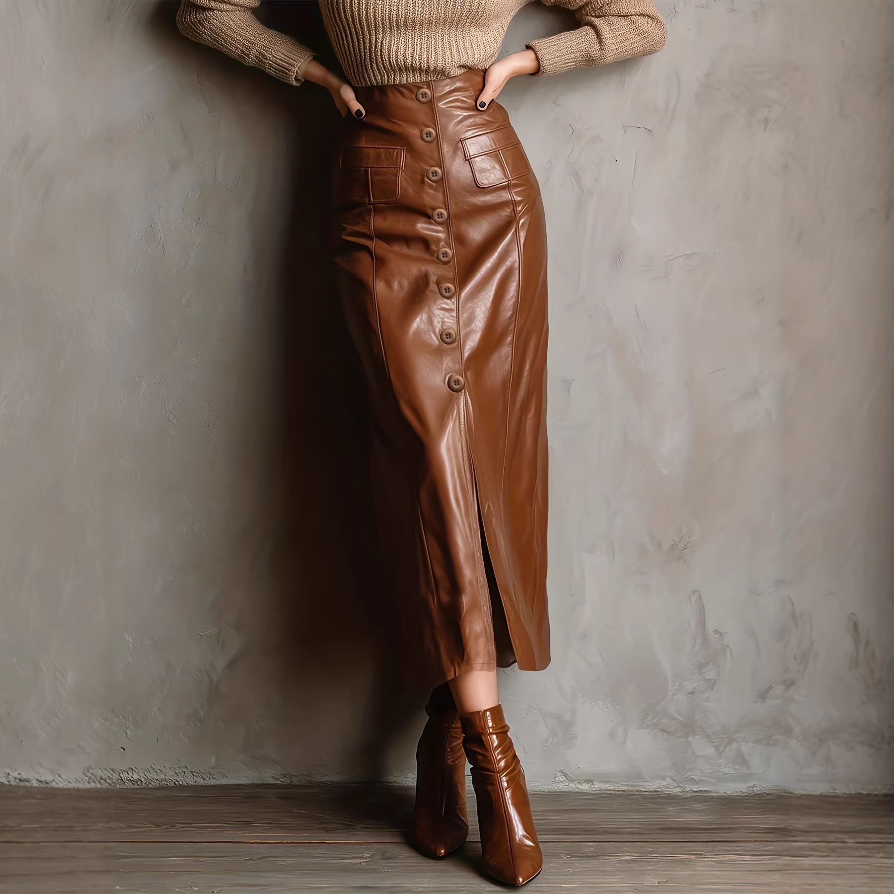 Amazon Autumn and Winter New Pu Leather Women's Skirt European and American Sexy Button Slit Slim High Waist Long Hip-Covering Skirt