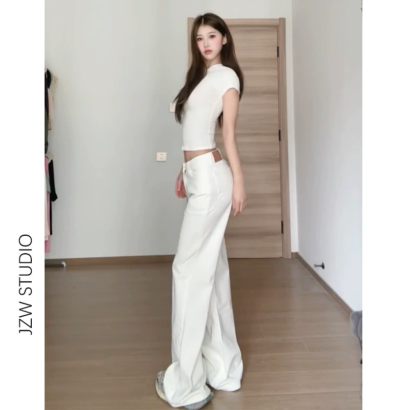Белые эластичные летние джинсы, oversize плюс-размер, приталенный пояс, широкий крой