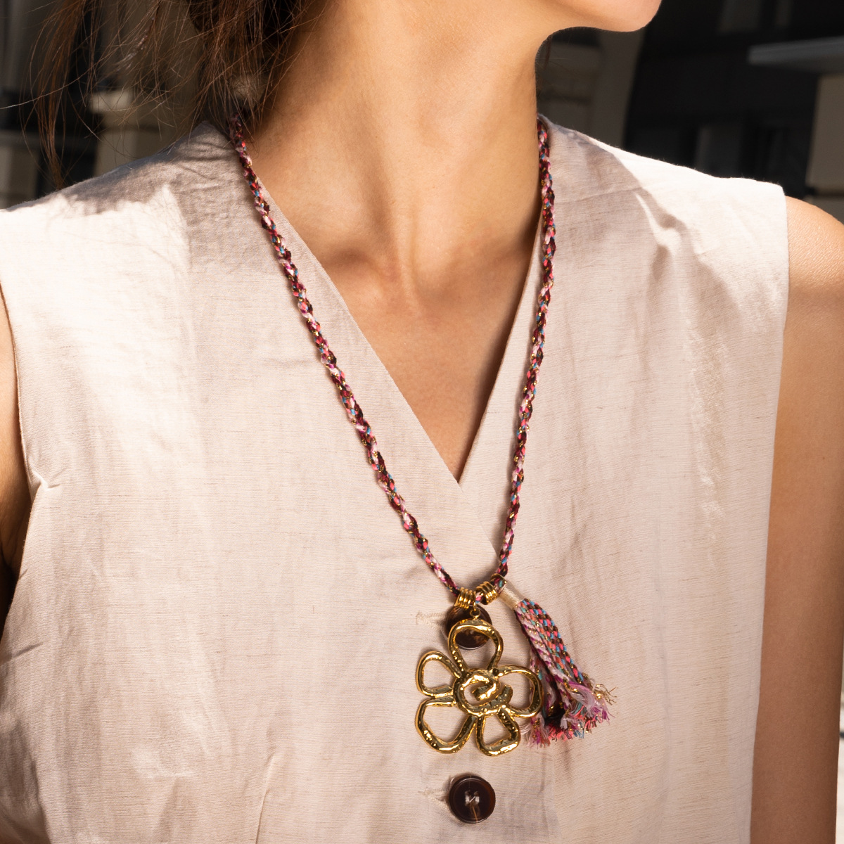 TENA Europa y América collar de acero inoxidable acero titanio no decolor rosa trenzado colgante de sol brilla collar cadena clavícula image 1