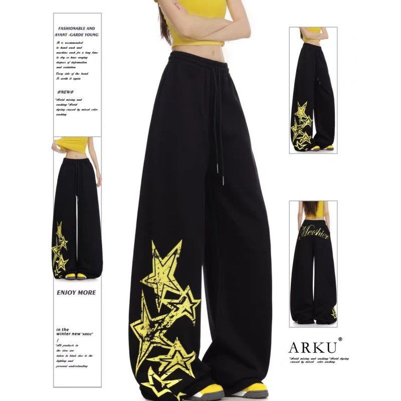 Autumn American-Style Printed Lazy Star Drawstring Unisex Sweatpants with Drape, Casual Street Dance Versatile Floor-Length Pants