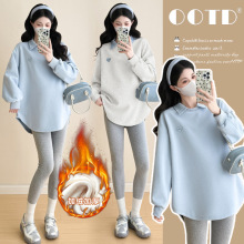 孕妇秋装2025新款孕妇卫衣长袖刺绣拼接格子衬衣领上衣