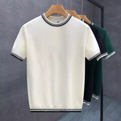 夏の男性アイス半袖tシャツ青年ファッションストライプの丸襟薄いニット半袖tシャツ