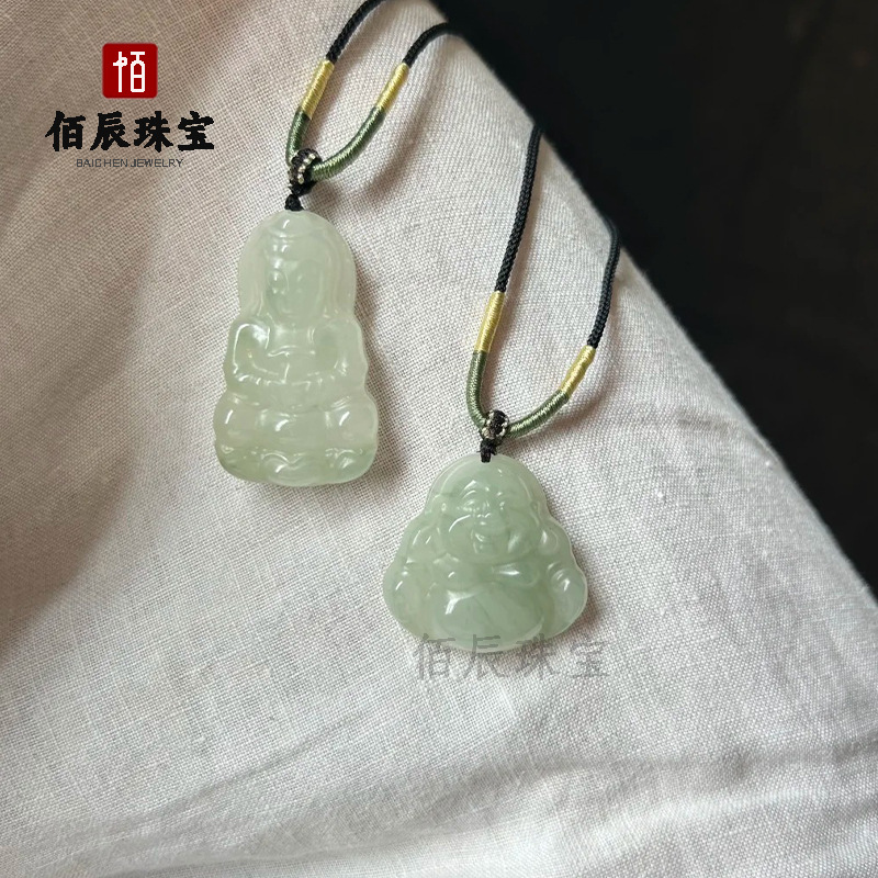 新疆天山翠玉石佛公吊坠大肚佛挂件飘花弥勒佛项链项饰金丝玉玉佩