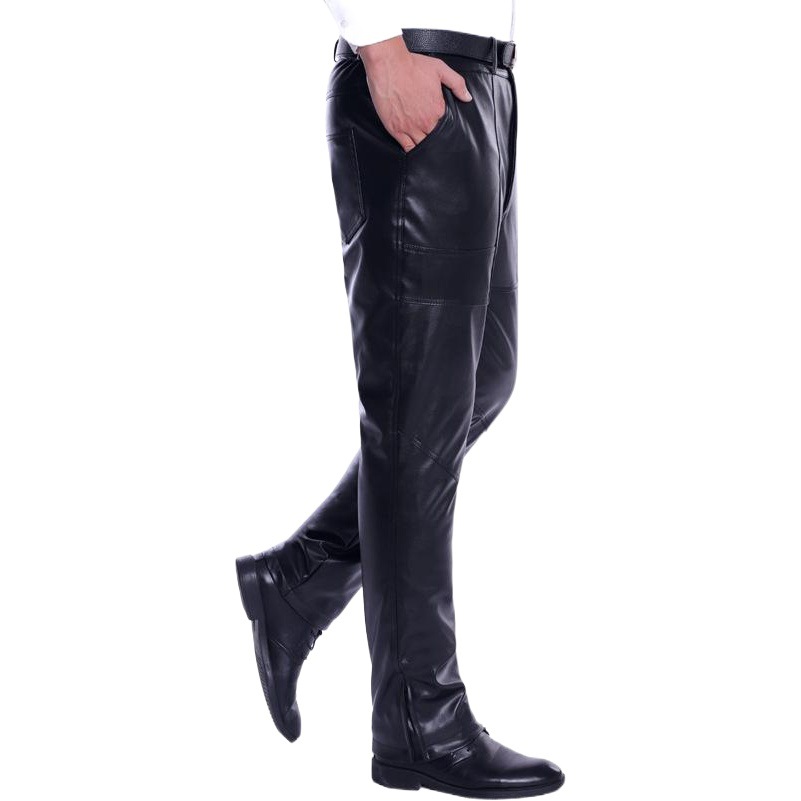 Nueva rodilla pad cintura soporte de doble capa engrosada motocicleta pantalones de cuero de los hombres de terciopelo dorado pu pantalones de cuero forrado de lana pantalones calientes al por mayor