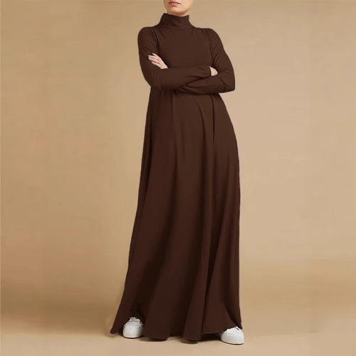 Factory Autumn Street Fashion Muslim Elegant Long Dress with Long Sleeves and High Collar