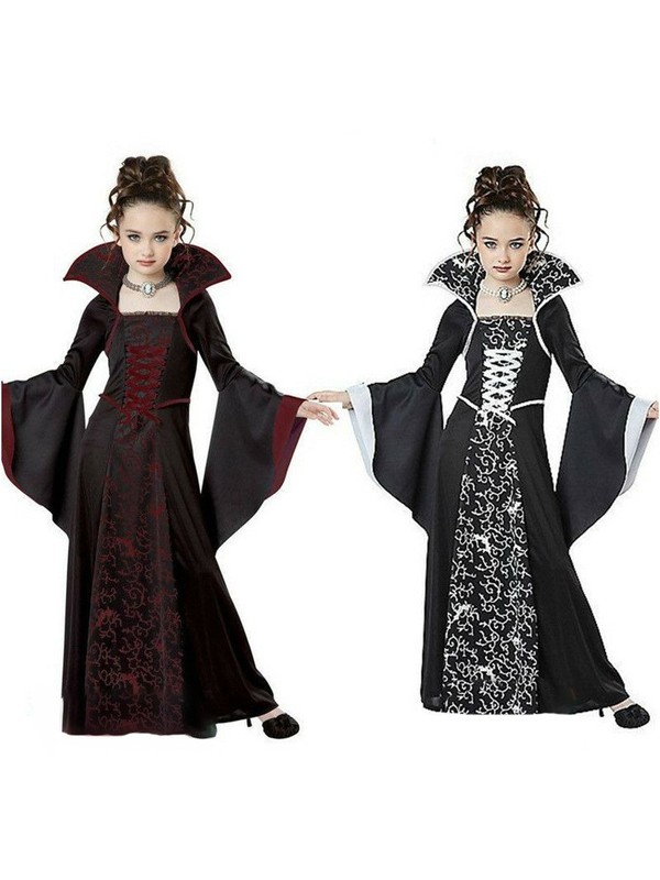 ヨーロッパとアメリカの新しいハロウィン子供用コスチューム魔女コスチューム中世レトロレースアップスタンドカラーベルスリーブプリントロングスカート|undefined
