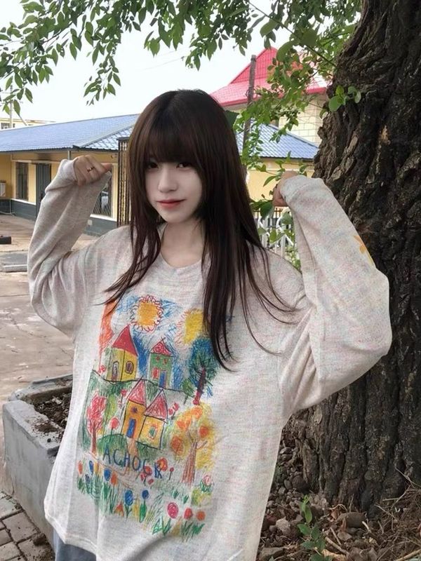 国潮牌手绘涂鸦防晒罩衫女夏季宽松轻薄透气复古设计感长袖上衣|undefined
