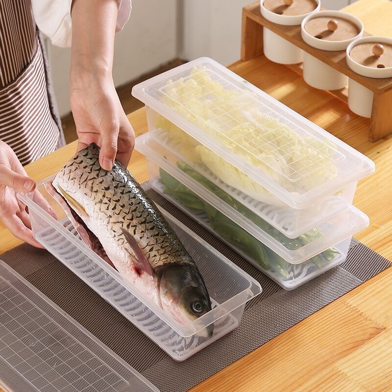 Refrigerador de pescado congelado, drenaje y mantenimiento fresco, caja sellada, caja de almacenamiento de clasificación de cocina, caja de almacenamiento en frío rectangular de plástico con tapa