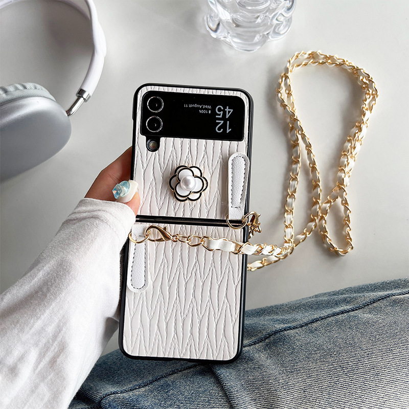 Funda para samsung z flip de piel con correa de cadena perlas_voghion.com