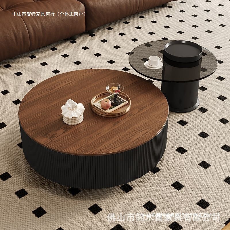 中世スタイルのスレートラウンドコーヒーテーブルリビングルームホームモダンライト高級ハイエンドシンプルな古代スタイルウォールナットカラーエスプレッソセット|undefined