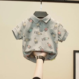 Pure Cotton Summer New Style Cartoon Style Small and Medium-Sized Kidsren's Baby Boy's Handsome Lapel Short-Sleeved T-Shirt Polo Shirt Top