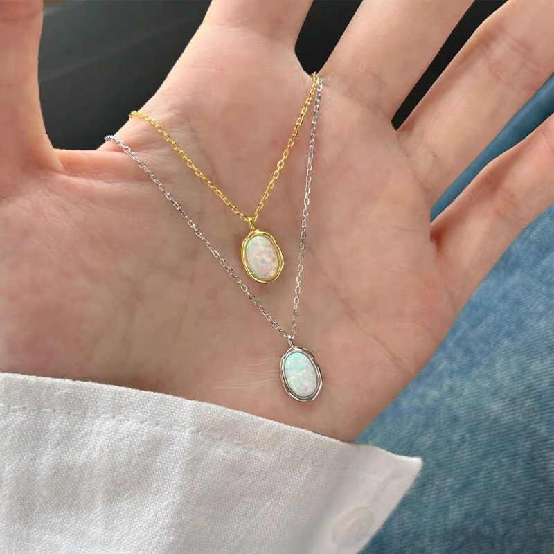 925纯银小众高级感欧泊石项链女气质百搭轻奢锁骨链时髦个性颈链