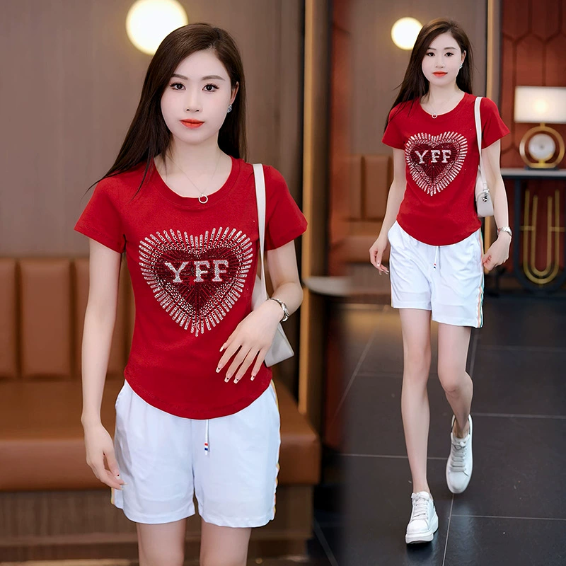 Летняя трапезная танцевальная одежда новый короткий рукав с горячими бриллиантами топ хлопчатобумажная группа фитнес-прыжки, бег, повседневная одежда